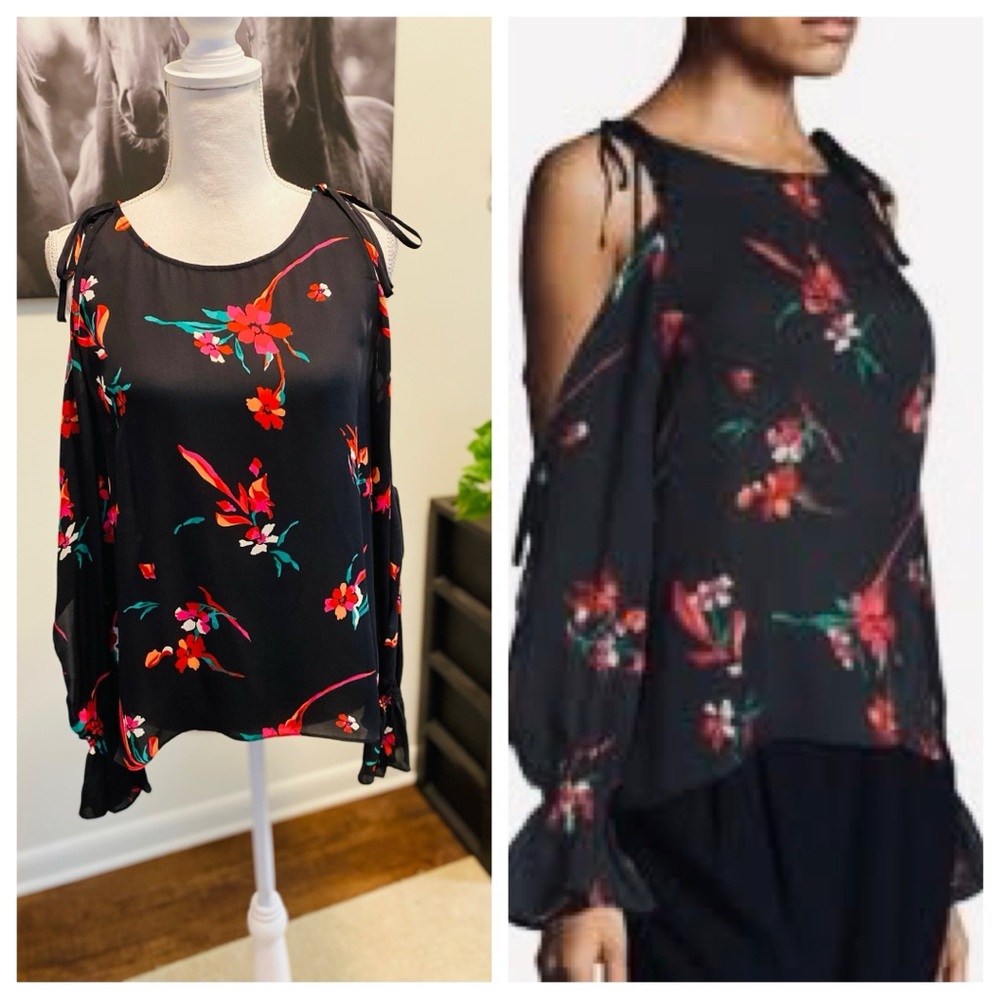 JOIE women’s 100% silk long split sleeve dark floral pullover blouse Sz L multi
